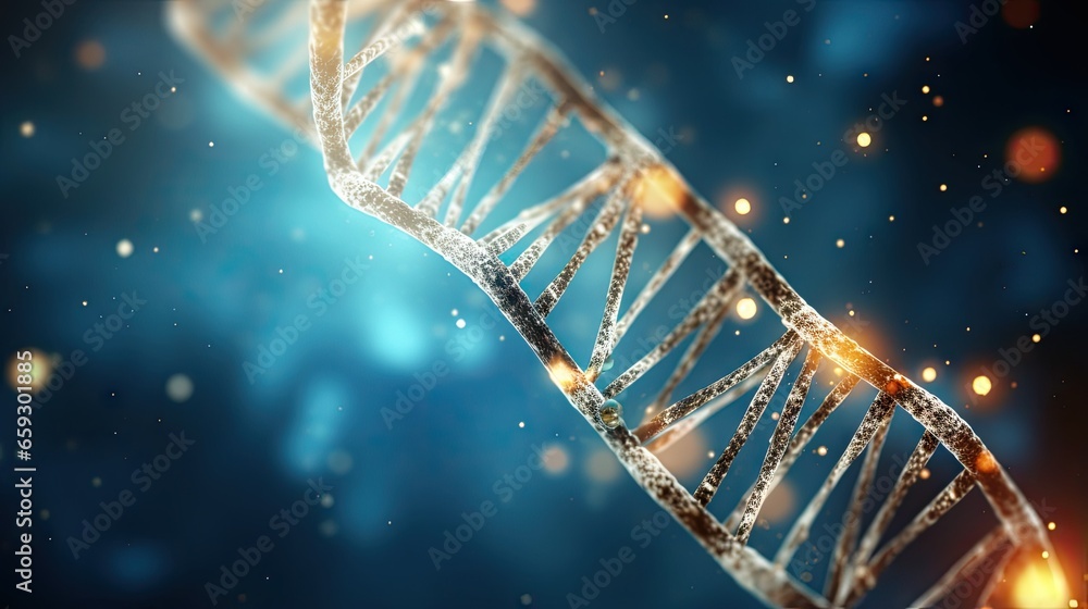 Poster Creating a DNA molecule using particles Digital DNA concept Glow in DNA code structure Research on medicine genetics and biology