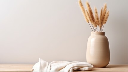 Fototapeta na wymiar Aesthetically minimal home interior concept Bunny tail grass in a tan vase wooden storage box neutral beige blanket against a white wall Ideal for blog web social media
