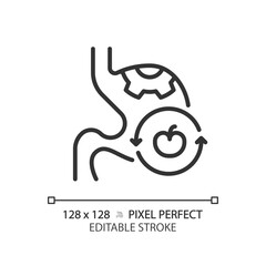 2D pixel perfect editable black digestive system with fruit icon, isolated monochromatic vector, thin line illustration representing metabolic health.