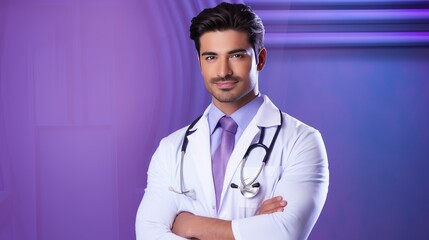 Distinguished Capture: Middle Eastern doctor, soft lavender background for medical advisories- generative AI, fiction Person