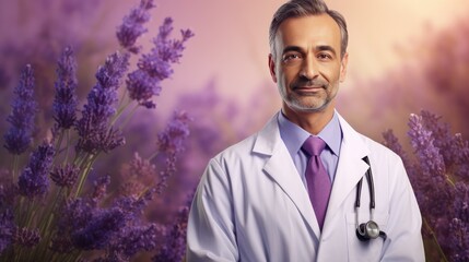 Distinguished Capture: Middle Eastern doctor, soft lavender background for medical advisories- generative AI, fiction Person