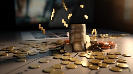 Depiction of declining monetary assets piggy bank behind euro coins Graph symbolizing crisis