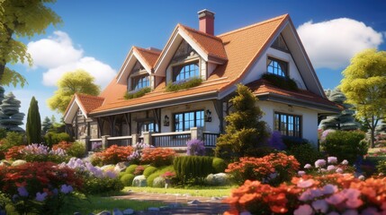 Fototapeta na wymiar Beautifully landscaped cozy home on a sunny day