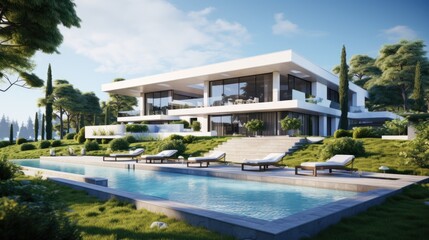 Obraz premium Contemporary white house with yard