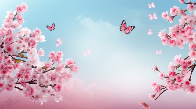 Cherry branches with blossoms against blue sky butterflies in nature Pink sakura flowers dreamy spring image landscape panorama Copy space