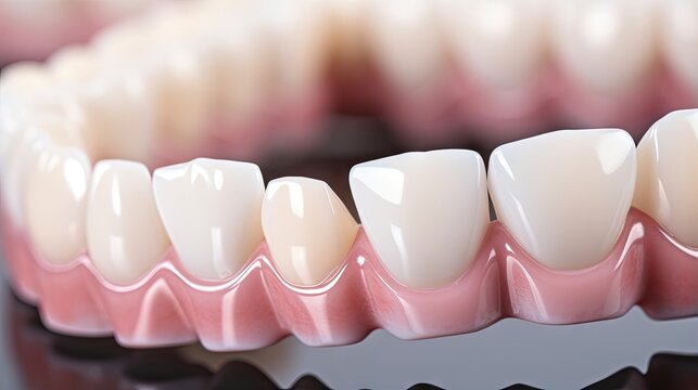 Close up of ceramic dental veneers on lower row of artificial teeth