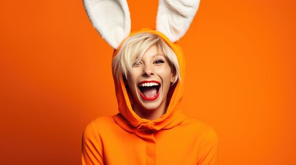 Happy Laughing Young Woman iWearing Bunny Costume for Halloween and/or Easter on an Orange Background with Space for Copy- generative AI, fiction Person