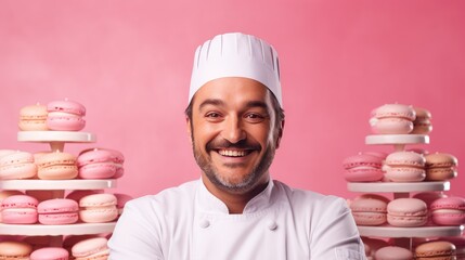 Engrossing capture of a smiling chef indicating space for culinary promotions on a pastel pink background- generative AI, fiction Person