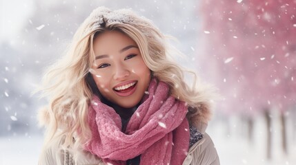 Happy Young Asian Woman with Blonde Hair in a Pink Scarf in the Snow with Space for Copy- generative AI, fiction Person