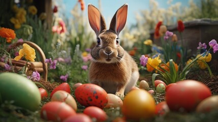 An image capturing the Easter bunny delivering colorful Easter eggs, inviting text to discuss the symbolism of eggs, background image, AI generated