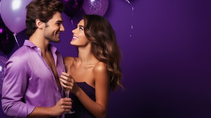 Happy Young Couple Celebrating New Years Eve with Champagne on a Purple Background with Space for Copy- generative AI, fiction Person