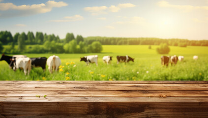 Empty wooden table top with farm, cows on a grass field in summer, blurred green meadow, morning light background. for display or montage of your products.