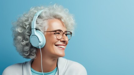 Mature Woman Lady wearing Headphones and Listening to Music on a Light Blue Background with Space for Copy- generative AI, fiction Person