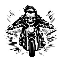 Retro motorcycle skull Riding, black and white detailed vector illustration isolated without backdrop, flat style. Icon of a stylish vintage motorbike with details for decoration	