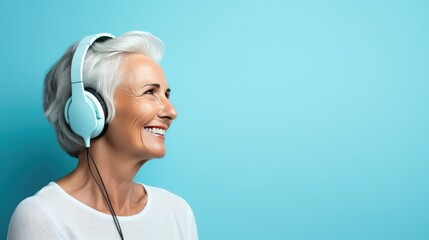 Mature Woman Lady wearing Headphones and Listening to Music on a Light Blue Background with Space for Copy- generative AI, fiction Person