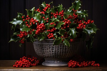 Fototapeta premium Closeup of holly beautiful red berries and sharp leaves. Symbol of Christmas in Europe.