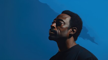 Portrait of a Mature Black Man Looking Left on a Blue Background- generative AI, fiction Person