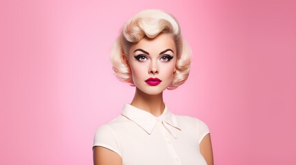 Portrait of a Woman Dressed as a 1950s Movie Star for Halloween on a Pink Background with Space for Copy- generative AI, fiction Person
