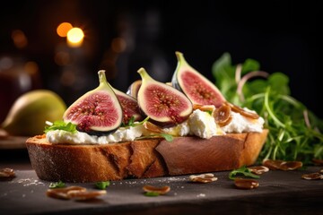 Rye bread snack toast with soft white cheese and figs. Healthy vegetarian appetizer