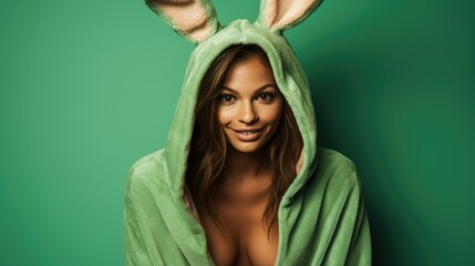 Young Model Woman in a Bunny Costume on a Green Background with Space for Copy- generative AI, fiction Person