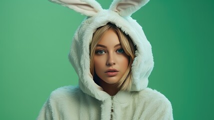 Young Model Woman in a Bunny Costume on a Green Background with Space for Copy- generative AI, fiction Person