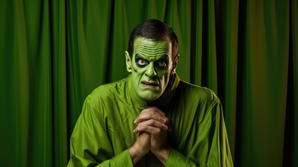 Adult Man Dressed as Frankenstein for Halloween on a Green Banner with Space for Copy- generative AI, fiction Person