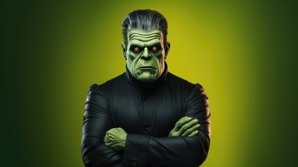 Adult Man Dressed as Frankenstein for Halloween on a Green Banner with Space for Copy- generative AI, fiction Person