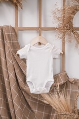 White newborn baby short sleeve bodysuit with autumn decor, plaid and pumpkins ideal boho kid...