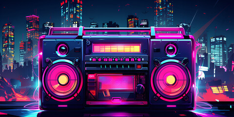 Illustrated boombox with neon lights  - obrazy, fototapety, plakaty