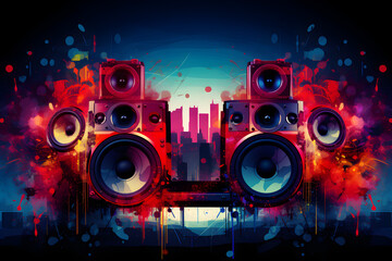Energetic music vibes: Abstract background with dynamic speakers, pulsating rhythm, and vibrant sound waves.