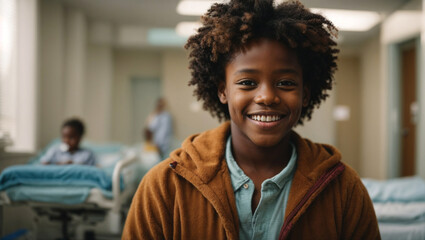 Bellissimo bambino sorridente di origini africane in un ospedale nel reparto di pediatria - obrazy, fototapety, plakaty