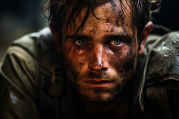 Anxiety and fear reflected on a soldier's face during a conflict operation in Israel 