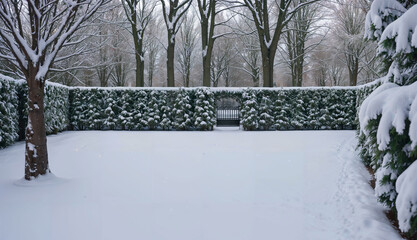 A park in the snow with a hedge and a gate