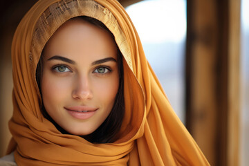Portrait of Arab islamic young smiling woman