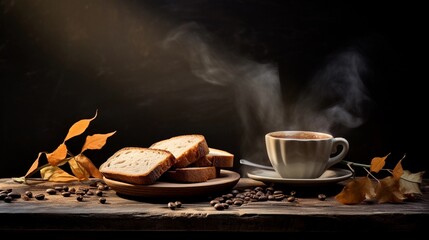hot coffee and breads in background with leaves, in the style of distressed and weathered surfaces, background image, AI generated