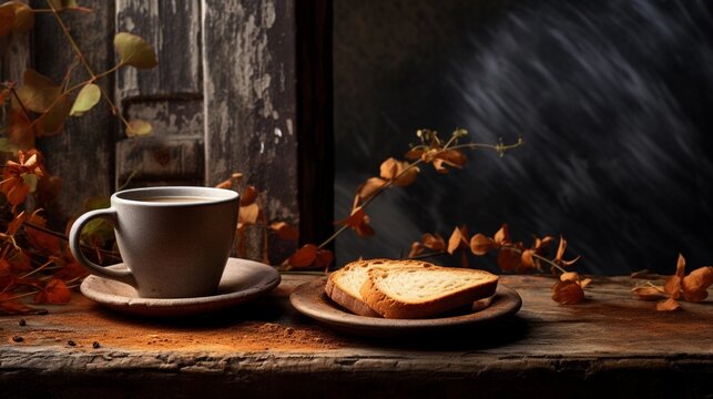hot coffee and breads in background with leaves, in the style of distressed and weathered surfaces, background image, AI generated