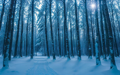 Forest in the snow, snow forest, path