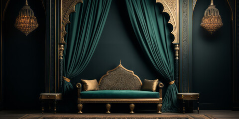 Ottoman palace with a sofa in an interior decorated with oriental ornaments. - obrazy, fototapety, plakaty