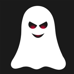 Evil smiling ghost with red glowing eyes. White ghost isolated on a black background. Cartoon flat simple illustration. Cunning ghost. Halloween character.