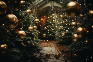 Forest of beautifully decorated Christmas trees, adorned with twinkling lights and shimmering...