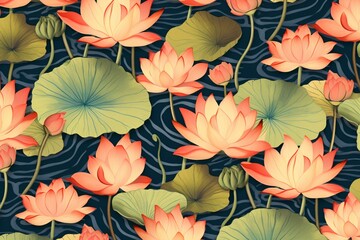 Fototapeta na wymiar Repeating lotus pattern perfect for backgrounds and wallpaper. Generative AI