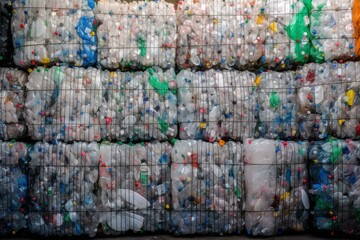 Recycling storage, trash sorting. Bales compressed plastic waste bottles. Generative AI