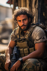 Fototapeta premium Steely Determination: Portraying an Israeli soldier's intense focus during an urban military operation amidst chaos in Israel 