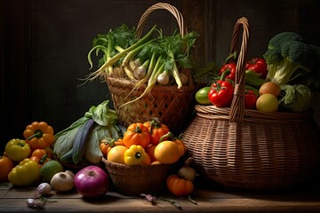assorted veggies in wicker basket on table. Generative AI