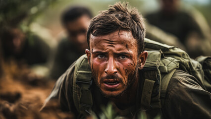 Overcoming Panic: Capturing a solitary Israeli soldier's attempts to control their fear during an unexpected ambush in a military operation  - obrazy, fototapety, plakaty