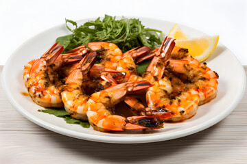Plump, succulent grilled shrimps artfully plated on white porcelain. A delectable seafood delight.