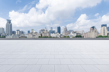 financial district buildings of shanghai and empty floor in sunny day