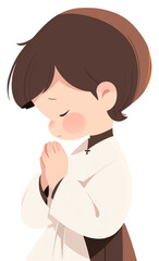 Cute little boy cartoon character in peaceful prayer, eyes closed, hands folded. innocent expressions convey faith.