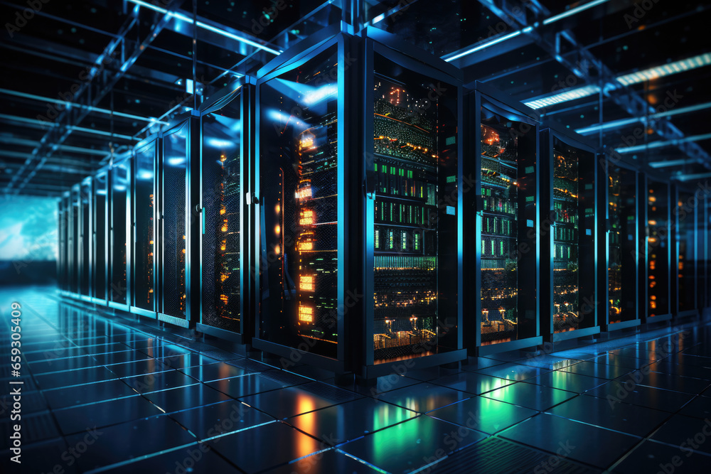 Poster data center with servers with powerful hardware