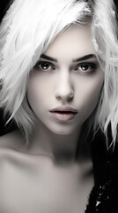 Black and white portrait of a beautiful young winter woman close up